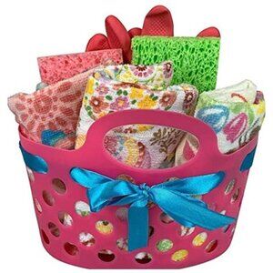 Easter Bunny Dish Towels Set with Pink Caddy Cleaning Gloves and Sponges